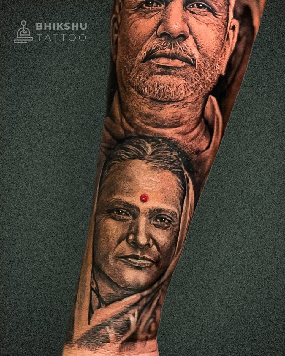 Realistic portrait tattoo sleeve by Bhikshu Tattoo Studio, Pune