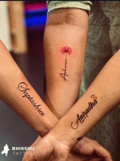 Fine line script name tattoos by Bhikshu Tattoo Studio
